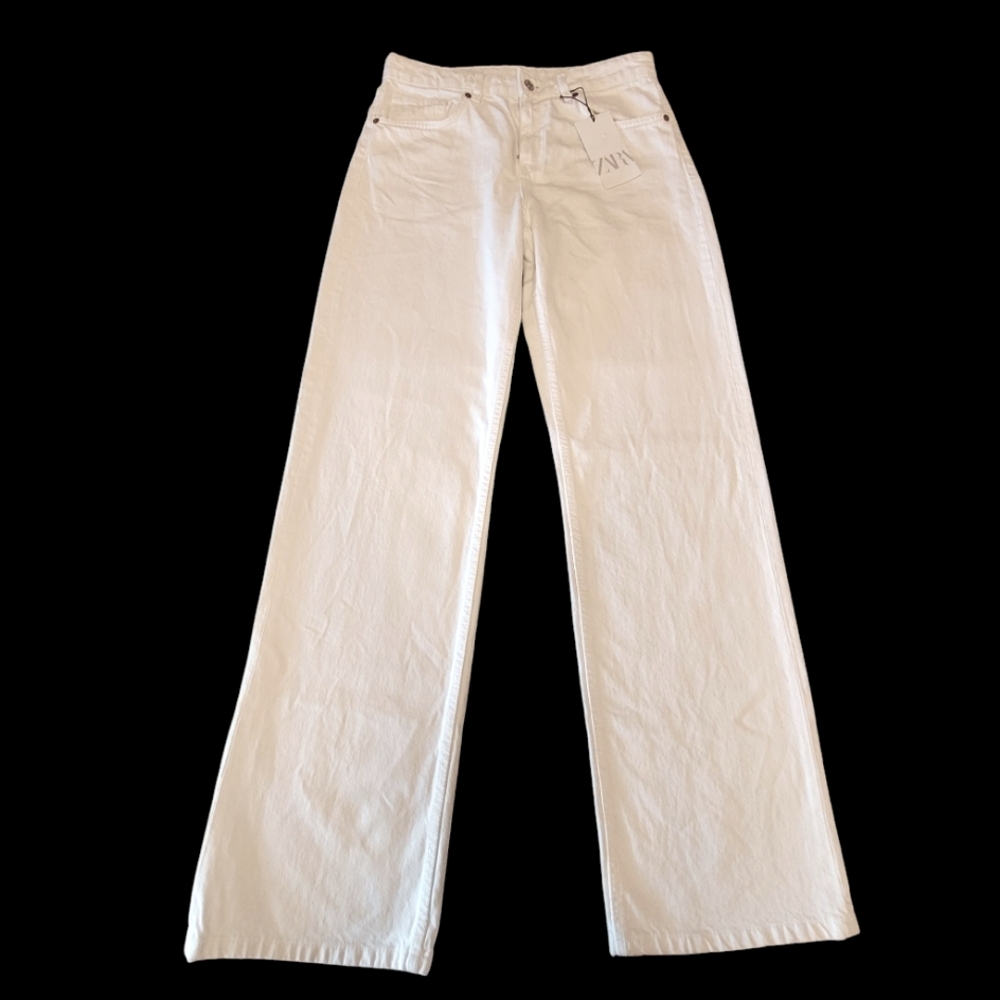 Zara Women's Jeans Size 8 White NWT Wide Leg Mid Rise 5 Pocket